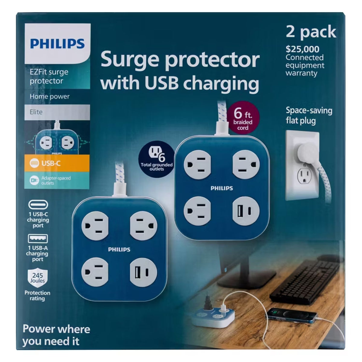 Philips EZFit Surge Protector with USB Charging 2-Pack