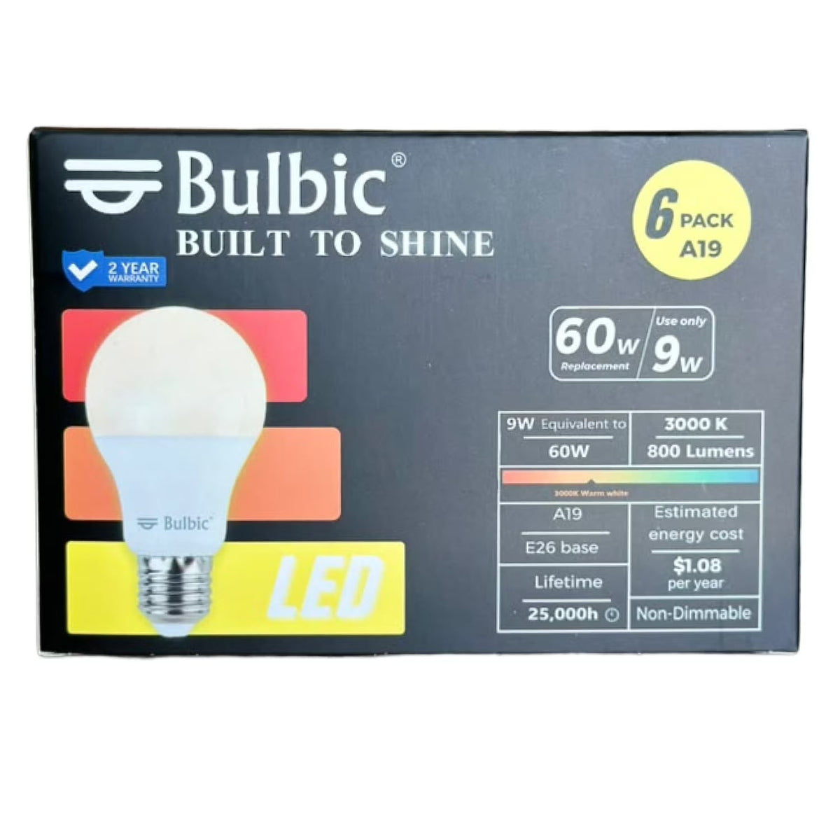 Bulbic Built to Shine A19 LED Light Bulbs 9W 3000K 800-Lumen 96-Pack