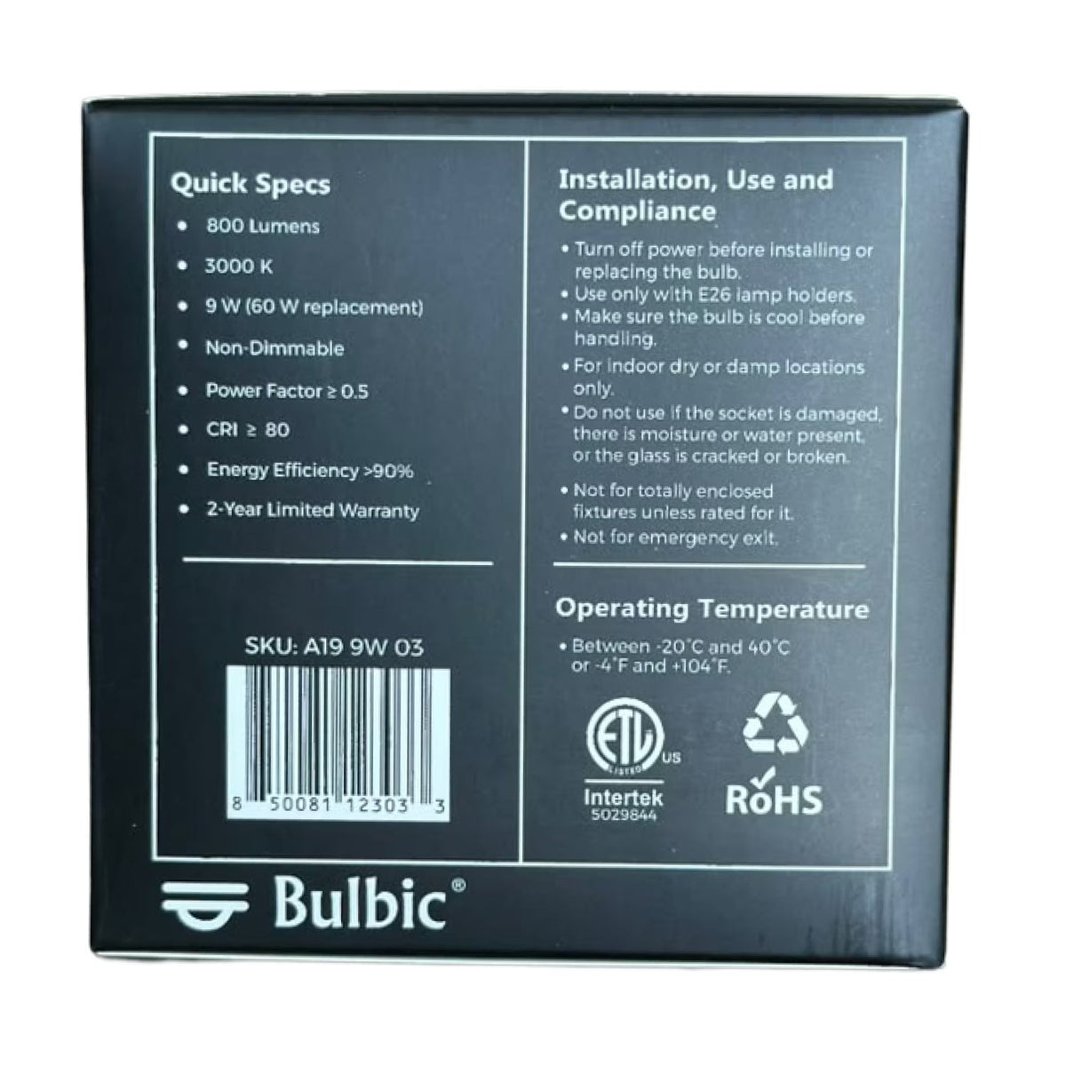 Bulbic Built to Shine A19 LED Light Bulbs 9W 3000K 800-Lumen 96-Pack