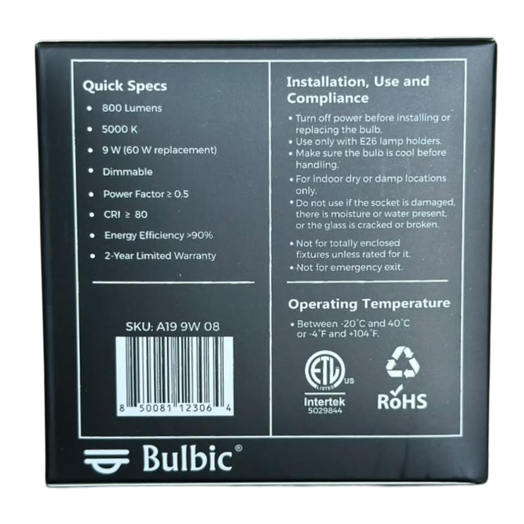 Bulbic Built to Shine A19 LED Light Bulbs 9W 5000K 800-Lumen 96-Pack