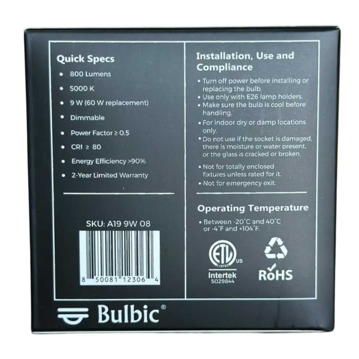 Bulbic Built to Shine A19 LED Light Bulbs 9W 5000K 800-Lumen 96-Pack