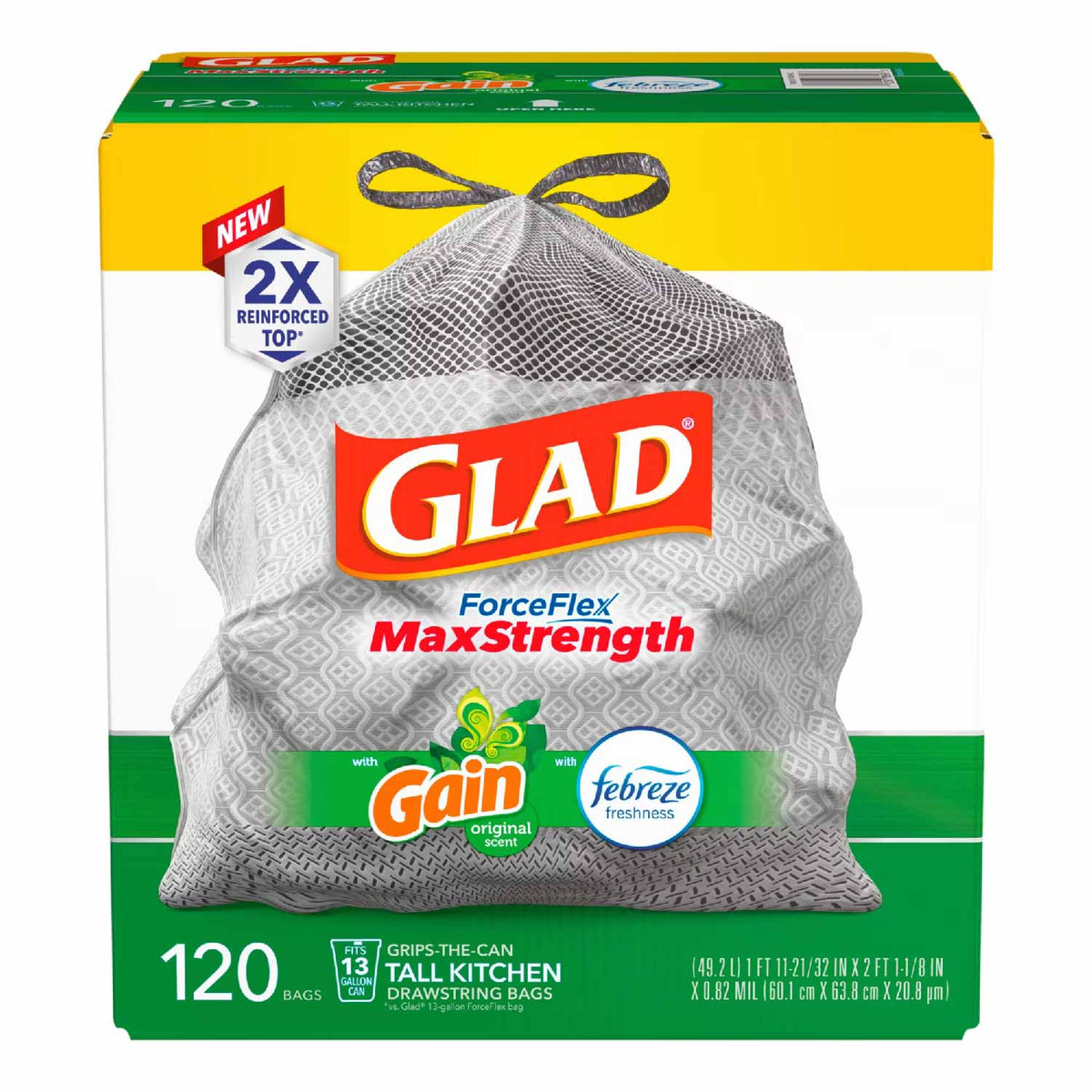 Glad ForceFlex Plus Tall Kitchen 13 Gallon Drawstring Trash Bags Gain With Febreze 120 Count