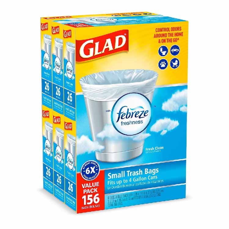 Glad Small Twist-Tie Trash Bags Febreze Fresh Clean Scent 4 Gal 156 Ct