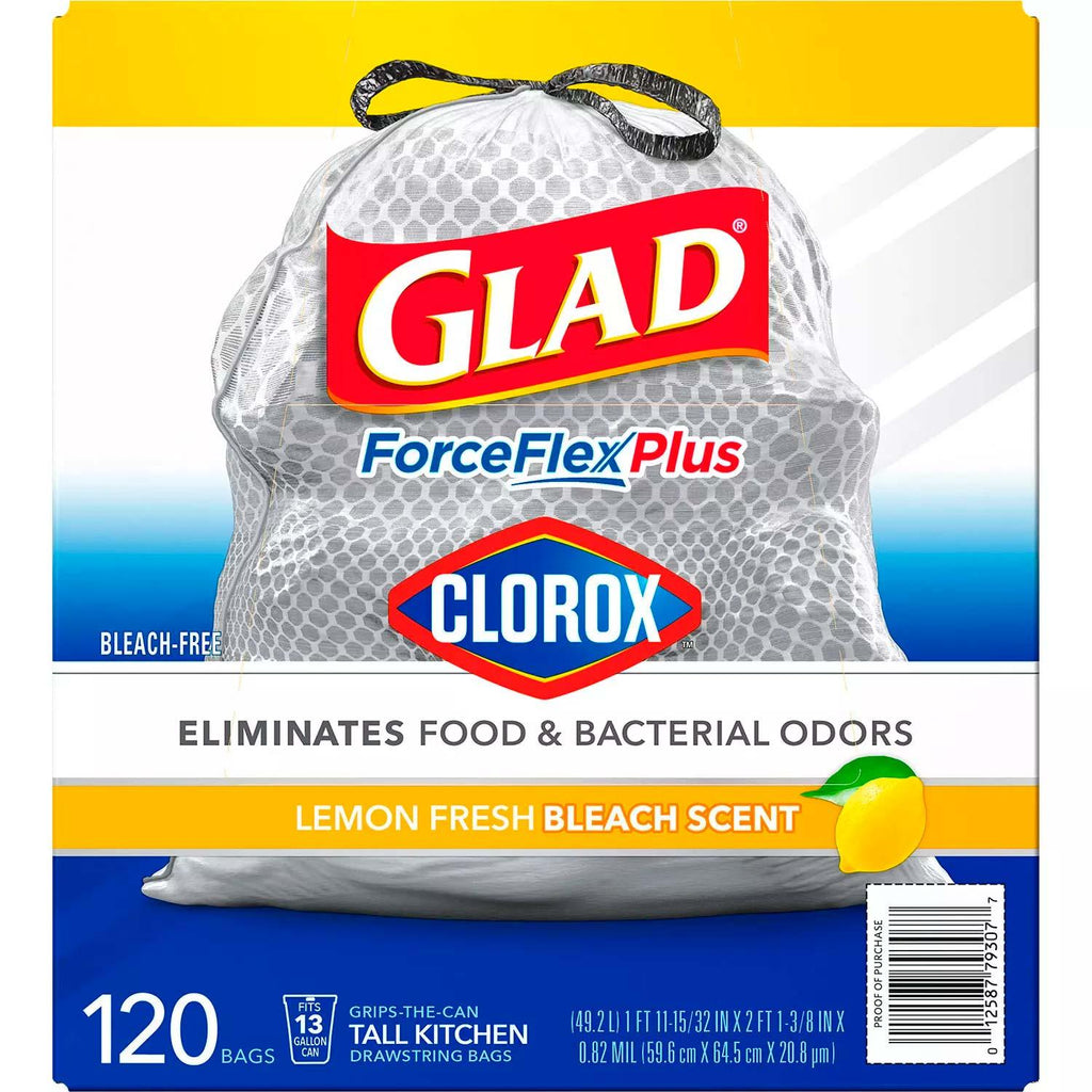 Glad ForceFlex Plus 13 Gallon Tall Kitchen Drawstring Trash Bags Lemon Fresh Bleach Scent 120 Ct