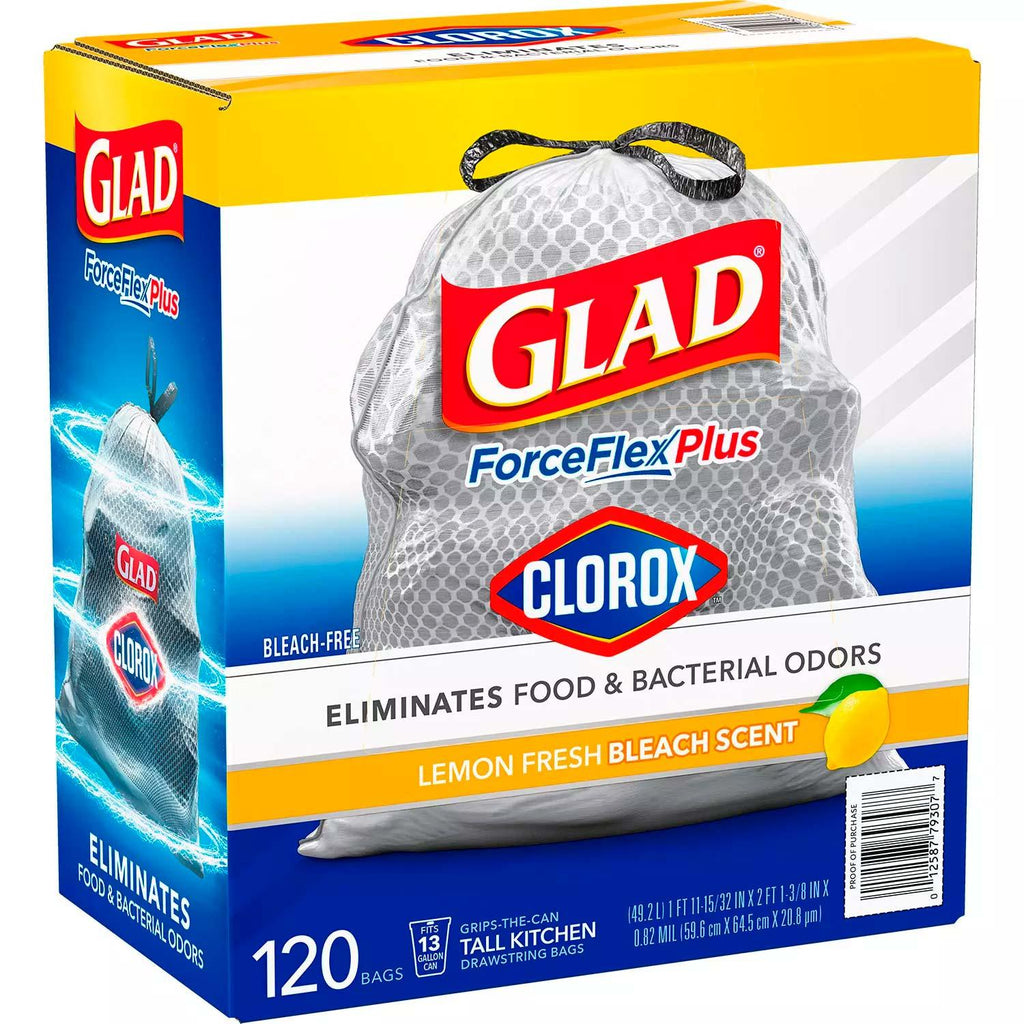 Glad ForceFlex Plus 13 Gallon Tall Kitchen Drawstring Trash Bags Lemon Fresh Bleach Scent 120 Ct
