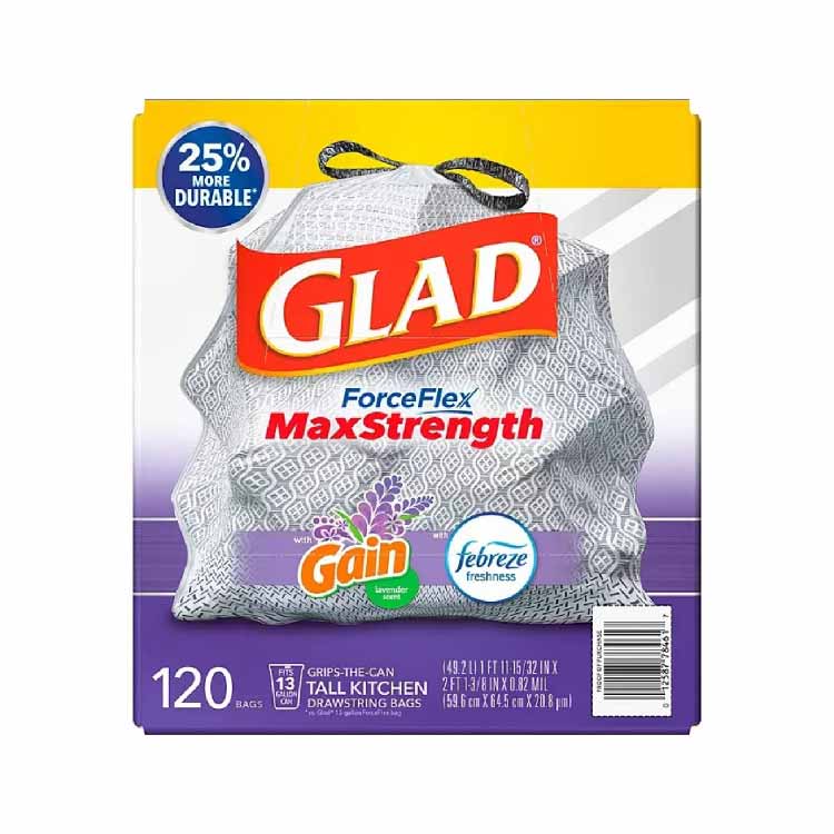 Glad ForceFlex Plus 13 Gallon Tall Kitchen Drawstring Trash Bags Mediterranean Lavender 120 Ct