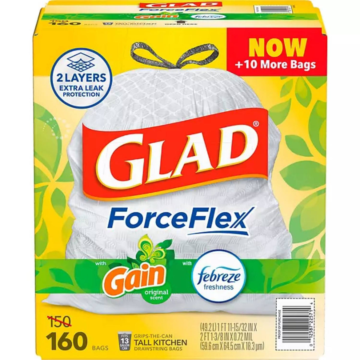 Glad ForceFlex Plus 13 Gallon Tall Kitchen Drawstring Trash Bags Gain Original Scent 160 Ct