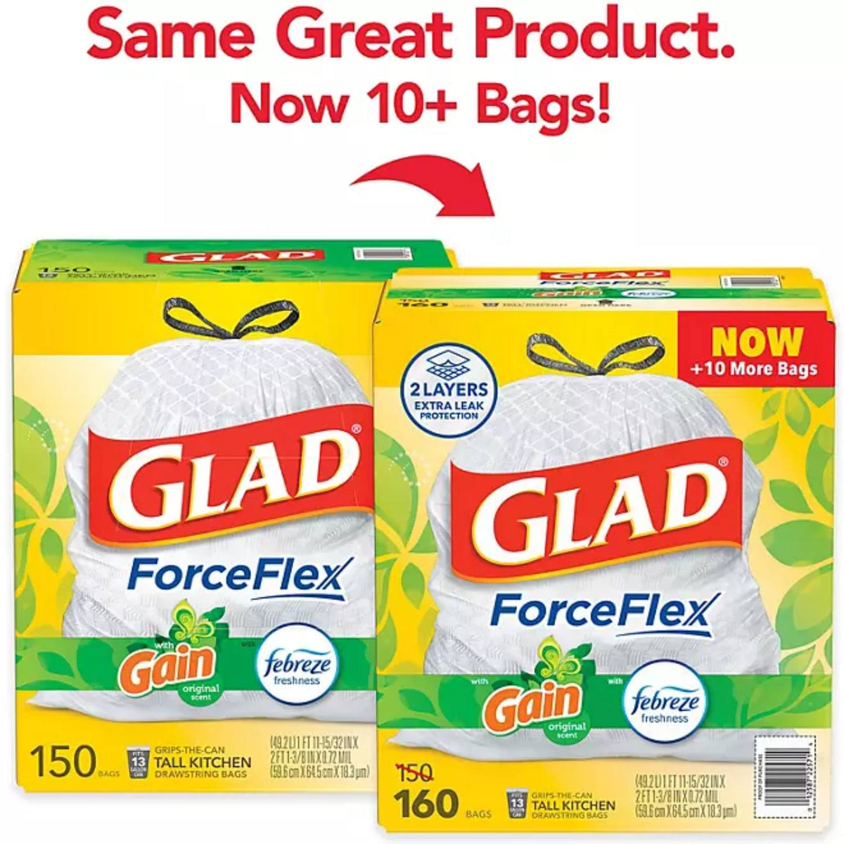 Glad ForceFlex Plus 13 Gallon Tall Kitchen Drawstring Trash Bags Gain Original Scent 160 Ct