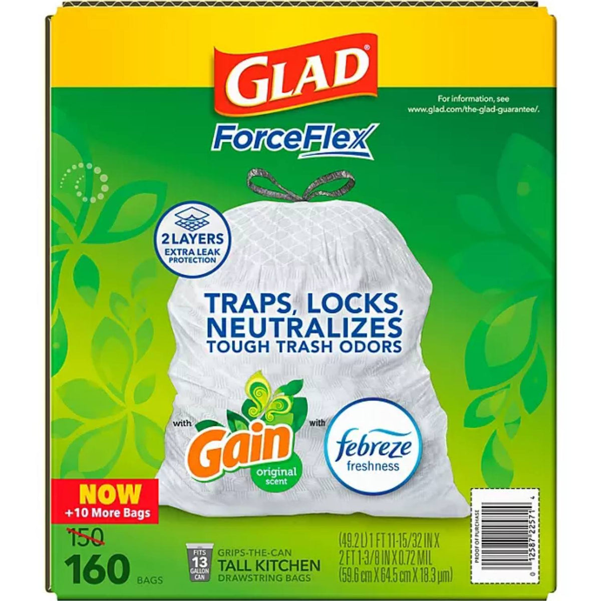 Glad ForceFlex Plus 13 Gallon Tall Kitchen Drawstring Trash Bags Gain Original Scent 160 Ct